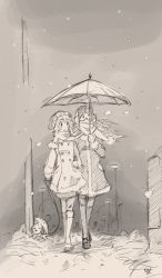 Rule 34 | 2girls, blush, dog, facing viewer, full body, greyscale, hushabye, long hair, monochrome, multiple girls, outdoors, scarf, shared clothes, shared scarf, shared umbrella, snow, snowing, umbrella, walking