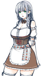 Rule 34 | :o, apron, bow, breasts, brown bow, brown dress, cleavage, detached collar, detached sleeves, dirndl, dress, flower, german clothes, green eyes, grey hair, hair behind ear, hair flower, hair ornament, hololive, large breasts, long hair, official alternate costume, open mouth, sazare (sazare az), shirogane noel, shirogane noel (dirndl), short sleeves, thighhighs, virtual youtuber, white flower, zettai ryouiki