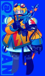 Rule 34 | 1girl, adapted costume, apex legends, blonde hair, blue background, blue eyes, blue gloves, blush, cable, covered mouth, edorai, electricity, gloves, highres, hood, hooded jacket, jacket, knee pads, lightning bolt symbol, looking ahead, orange jacket, solo, symbol in eye, wattson (apex legends)