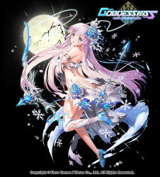 Rule 34 | 1girl, :o, apple caramel, arrow (projectile), ass, bare shoulders, black background, blue footwear, blush, bow (weapon), breasts, cleavage, company name, copyright name, full body, goddess kiss, high heels, highres, long hair, looking at viewer, moon, official art, simple background, snowflakes, solo, thighhighs, torn clothes, torn thighhighs, watermark, weapon, white thighhighs