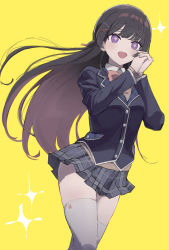 Rule 34 | + +, 1girl, black hair, black jacket, blazer, bow, breasts, collared shirt, floating hair, grey skirt, highres, jacket, long hair, medium breasts, nijisanji, own hands together, pink bow, plaid, plaid skirt, purple eyes, school uniform, shirt, skindentation, skirt, smile, solo, sparkle, sweater, thighhighs, tsukino mito, usirome, virtual youtuber, white shirt, yellow background, yellow sweater