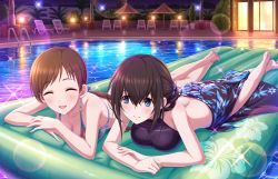 Rule 34 | 2girls, artist request, bare shoulders, barefoot, bikini, blush, breasts, brown hair, cleavage, closed eyes, collarbone, feet, hair between eyes, idolmaster, idolmaster cinderella girls, idolmaster cinderella girls starlight stage, long hair, looking at another, low ponytail, lying, multiple girls, night, nitta minami, official art, on stomach, open mouth, outdoors, pool, pool ladder, sagisawa fumika, smile, swimsuit, water