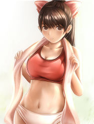 1girl bad_id bad_pixiv_id blush bow breasts brown_eyes brown_hair collarbone female_focus hair_bow large_breasts long_hair looking_at_viewer love_plus midriff nannacy7 navel panties parted_lips ponytail solo takane_manaka underwear