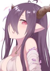 Rule 34 | 10s, 1girl, absurdres, antenna hair, bandaged arm, bandages, danua, granblue fantasy, hair between eyes, hair over one eye, highres, horns, ichijou (kr neru0), jewelry, long hair, looking at viewer, necklace, pointy ears, purple hair, red eyes, simple background, solo, white background