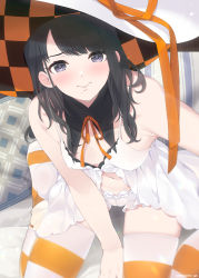 Rule 34 | black hair, bloomers, checkered clothes, checkered headwear, couch, detached collar, hat, hat ribbon, highres, idolmaster, idolmaster shiny colors, kazano hiori, long hair, looking at viewer, midriff, mizuki makoto, mole, mole under mouth, navel, neck ribbon, ribbon, sitting, solo, striped clothes, striped thighhighs, thighhighs, underwear, white hat, witch hat