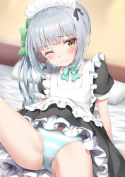 Rule 34 | 1girl, absurdres, apron, aqua bow, black ribbon, blush, bow, commentary request, detached collar, frilled apron, frills, green bow, grey hair, highres, kantai collection, kasumi (kancolle), long hair, maid, maid apron, maid headdress, nedia (nedia region), one eye closed, panties, ribbon, short sleeves, side ponytail, solo, striped clothes, striped panties, underwear, white apron, yellow eyes