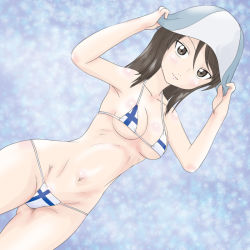 Rule 34 | 10s, 1girl, bikini, blush, breasts, brown eyes, brown hair, finland, girls und panzer, groin, hat, long hair, looking at viewer, mika (girls und panzer), navel, small breasts, solo, swimsuit, t jiroo (ringofriend)