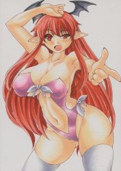 Rule 34 | 1girl, arm up, bad id, bad pixiv id, bat wings, breasts, cleavage, collarbone, colored pencil (medium), curvy, female focus, head wings, highleg, highleg swimsuit, huge breasts, koakuma, large breasts, long hair, long sleeves, marker (medium), midriff, millipen (medium), navel, one-piece swimsuit, pointy ears, purple one-piece swimsuit, red eyes, red hair, simple background, swimsuit, thighhighs, touhou, traditional media, uneven eyes, very long hair, white background, white thighhighs, wings, yutakasan-love