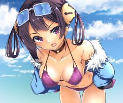 Rule 34 | 1girl, :d, azur lane, bare shoulders, bent over, bikini, blue sky, blush, breasts, cleavage, collarbone, cowboy shot, day, eyewear on head, gokubuto mayuge, hair ribbon, hairpods, hands on own hips, hanging breasts, looking at viewer, medium breasts, ning hai (azur lane), ning hai (summer hunger) (azur lane), open mouth, outdoors, purple bikini, ribbon, sky, smile, solo, standing, swimsuit, thigh gap, v-shaped eyebrows, white-framed eyewear