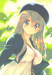 Rule 34 | 1girl, absurdres, beret, between breasts, blue eyes, blush, bow, bowtie, breasts, collarbone, dress, grey hair, hat, highres, jacket, large breasts, long hair, long sleeves, looking at viewer, mitsumi misato, open clothes, open jacket, original, scan, simple background, smile, solo, thick eyebrows