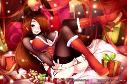 Rule 34 | 1girl, animal ears, boots, breasts, christmas, darklux, fake animal ears, hair over one eye, high heel boots, high heels, league of legends, long hair, miss fortune (league of legends), playboy bunny, pussy, rabbit ears, red hair, solo, thighhighs