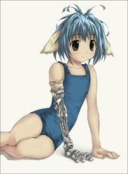 Rule 34 | 00s, 1girl, animal ears, blue hair, blush, flat chest, galaxy angel, green eyes, mechanical arms, mint blancmanche, school swimsuit, short hair, simple background, single mechanical arm, smile, solo, swimsuit, white background, yellow eyes