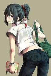Rule 34 | 1girl, alternate costume, alternate hairstyle, ass, bag, black hair, book, casual, contemporary, looking at viewer, looking back, pants, ponytail, red eyes, sachi (pixiv1644992), sachi (y0sh1sach1), shameimaru aya, short hair, smile, solo, touhou