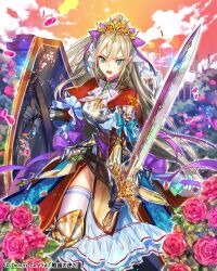 Rule 34 | 1girl, aiming, aiming at viewer, aqua bow, armor, armored dress, belt, black belt, black gloves, blonde hair, bow, bowtie, breastplate, bush, center frills, cloud, copyright notice, double-parted bangs, dress, dress bow, dusk, earrings, falling petals, faulds, feet out of frame, fence, fighting stance, flower, frilled dress, frills, gloves, green eyes, hair between eyes, hair bow, holding, holding shield, holding sword, holding weapon, jewelry, juliet sleeves, light particles, long hair, long sleeves, looking at viewer, official art, open mouth, outdoors, petals, pink flower, pink rose, pointy ears, poleyn, puffy sleeves, purple bow, red dress, rose, rose bush, sengoku no tora z, shield, shirt, side slit, sila (carpen), solo, standing, sword, thighhighs, tiara, v-shaped eyebrows, vambraces, weapon, white bow, white bowtie, white shirt, white thighhighs, wide ponytail