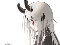Rule 34 | 1girl, arknights, bare shoulders, blood, blood from mouth, blood on face, broken horn, commentary request, dragon horns, from side, green eyes, highres, horns, injury, long hair, looking away, looking down, messy hair, parted lips, profile, reed (arknights), silver hair, simple background, solo, torn clothes, upper body, white background, xuanli duocai de bai