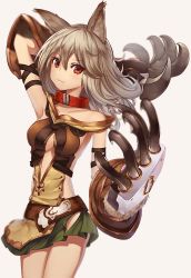 Rule 34 | 10s, 1girl, :3, animal ears, animal hands, arm up, bare shoulders, bazooka oiran, blush, breasts, cat ears, cat paws, claw (weapon), closed mouth, clothing cutout, collar, collarbone, erune, eyebrows, eyes visible through hair, gloves, granblue fantasy, green skirt, grey hair, hair between eyes, long hair, medium breasts, microskirt, navel cutout, paw gloves, red eyes, sen (granblue fantasy), silver background, simple background, skirt, solo, weapon