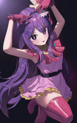 Rule 34 | 1girl, absurdres, armpits, arms up, belt, black background, black belt, blush, boots, breasts, closed mouth, commentary, double v, dress, frills, gloves, gradient background, hair between eyes, hair ornament, hair ribbon, heart, highres, hoshino ai (oshi no ko), idol, leg up, long hair, looking at viewer, medium breasts, oshi no ko, pink dress, pink footwear, pink gloves, pink ribbon, purple background, purple eyes, purple hair, purple ribbon, rabbit hair ornament, ribbon, rimya opo, sidelocks, sleeveless, sleeveless dress, smile, solo, standing, standing on one leg, star-shaped pupils, star (symbol), symbol-shaped pupils, tongue, tongue out, turtleneck, turtleneck dress, v