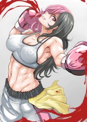 Rule 34 | 1girl, :d, abs, armpits, bare shoulders, blood, boxing, boxing gloves, brown hair, covered erect nipples, crop top, fang, highres, long hair, looking at viewer, midriff, multicolored hair, name connection, navel, neo politan, no bra, nonoririn, open mouth, pink eyes, pink hair, rwby, shorts, smile, solo, split-color hair, sports bra, tank top, teeth, toned, two-tone hair