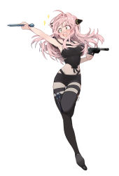 Rule 34 | 1girl, absurdres, adapted costume, aged up, ahoge, anya (spy x family), bare arms, bare shoulders, black bow, black footwear, black pantyhose, black shorts, blush, bow, breasts, choker, commentary, dual wielding, excited, fake horns, finger on trigger, full body, green eyes, grey thighhighs, groin, gun, hair intakes, hair ornament, handgun, high heels, highleg, highleg panties, highres, holding, holding gun, holding weapon, holster, holstered, horns, jumping, knee up, long hair, looking away, looking to the side, midriff, open mouth, panties, pantyhose, pink hair, see-through, shoe soles, shorts, simple background, sleeveless, smile, solo, sparkle, spy x family, strap slip, thigh gap, thigh holster, thighhighs, thighhighs over pantyhose, underwear, vallro, weapon, white background