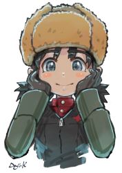 Rule 34 | 1girl, artist name, black gloves, black hair, black vest, blue eyes, blush stickers, brown hat, closed mouth, commentary, cropped torso, fur hat, girls und panzer, gloves, green jacket, hands on own face, hat, highres, jacket, kuroneko douji, long sleeves, looking at viewer, low twintails, military, military uniform, nina (girls und panzer), pravda military uniform, red shirt, shirt, short hair, short twintails, signature, simple background, sketch, smile, solo, turtleneck, twintails, uniform, upper body, ushanka, vest, white background, zipper