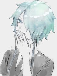 Rule 34 | 1other, androgynous, bad id, bad twitter id, colored eyelashes, covering own mouth, gem uniform (houseki no kuni), ghost quartz (houseki no kuni), green background, grey eyes, hair over one eye, hand over own mouth, highres, houseki no kuni, kokemaru (12tama02), laughing, looking at viewer, necktie, short hair, short hair with long locks, smile, upper body, white eyes, white hair