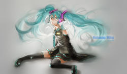 Rule 34 | 1girl, aqua eyes, aqua hair, bare shoulders, black thighhighs, carrot (carrotsgame), detached sleeves, empty eyes, hair ornament, hatsune miku, headset, long hair, necktie, shirt, sitting, skirt, sleeves past wrists, solo, tattoo, thighhighs, twintails, very long hair, vocaloid, wide sleeves, zettai ryouiki