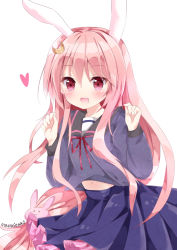Rule 34 | 10s, 1girl, animal ears, crescent, crescent hair ornament, hair ornament, heart, kantai collection, kemonomimi mode, long hair, looking at viewer, low-tied long hair, nanase nao, navel, pink eyes, pink hair, pleated skirt, rabbit ears, rabbit hair ornament, school uniform, serafuku, signature, simple background, skirt, solo, uzuki (kancolle), very long hair, white background