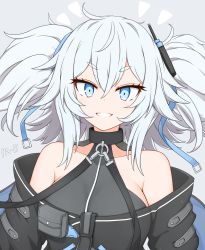 Rule 34 | 1girl, absurdres, bare shoulders, blue eyes, breasts, collar, girls&#039; frontline, hair ornament, highres, large breasts, looking at viewer, medium hair, pa-15 (girls&#039; frontline), risshu, silver hair, smile, solo, twintails