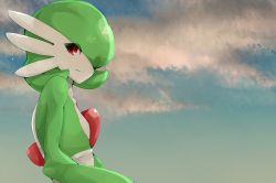 Rule 34 | 1girl, alternate color, blue sky, breasts, closed mouth, cloud, cloudy sky, creatures (company), day, eyes visible through hair, from side, game freak, gardevoir, gen 3 pokemon, highres, light smile, looking at viewer, looking to the side, nintendo, personification, pokemon, pokemon (creature), pokemon rse, red eyes, sente, sky, small breasts, smile, solo, sunset, upper body