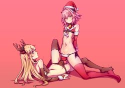 Rule 34 | 2boys, absurdres, astolfo (fate), blonde hair, blue eyes, blush, bulge, bulge press, bulges touching, chevalier d&#039;eon (fate), christmas, crossdressing, elbow gloves, fang, fate/grand order, fate (series), gloves, hej (pixiv13035031), highres, long hair, looking at viewer, male focus, multiple boys, penis, penises touching, pink hair, smile, thighhighs, trap