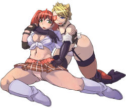 Rule 34 | 2girls, blonde hair, blue eyes, boots, breasts, cameltoe, candy cane (rumble roses), dominatrix, elbow gloves, eyepatch, garter belt, gloves, green eyes, kawacchi hirohiro, large breasts, medium breasts, miss spencer, multiple girls, panties, plaid, plaid skirt, plump, red hair, rumble roses, skirt, sleeves rolled up, thighhighs, underwear, upskirt, you gonna get raped
