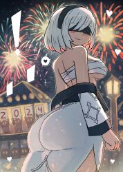 Rule 34 | !, 1girl, 2024, 20s, 2b (nier:automata), 6+others, absurdres, ass, bandages, blindfold, blush, breasts, fireworks, from behind, hairband, happy new year, heart, highres, holding, japanese clothes, kimono, lamppost, large breasts, long sleeves, looking at viewer, looking back, multiple others, new year, nier:automata, nier (series), night, night sky, obi, off shoulder, print kimono, sarashi, sash, short hair, sign, sky, smile, sparkle, speech bubble, spoken heart, square enix, standing, star (sky), starry sky, tony welt, white hair, white kimono