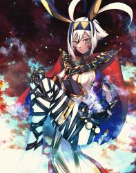 Rule 34 | 1girl, aegyo sal, animal ears, ankh, antenna hair, bandaged leg, bandages, black gloves, blonde hair, blue hair, breasts, center opening, closed mouth, dark-skinned female, dark skin, facial mark, fate/grand order, fate (series), gloves, glowing skin, highres, knees up, looking at viewer, medium breasts, multicolored hair, nitocris (fate), nitocris alter (fate), outstretched arms, rabbit ears, short hair, solo, streaked hair, tayuta (tayuta fa), yellow eyes