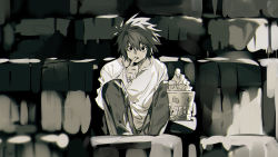Rule 34 | 1boy, black hair, death note, finger in own mouth, food, greyscale, hair between eyes, highres, indoors, l (death note), long sleeves, male focus, monochrome, movie theater, popcorn, shirt, short hair, sitting, sleeves past wrists, solo, spiked hair, white shirt, wide-eyed, xi luo an ya