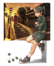 Rule 34 | 00s, 1girl, amasawa yuuko, bad id, bad pixiv id, black hair, brown eyes, dennou coil, glasses, jacket, leaning, mojo (dennou coil), pencil skirt, road, searchmaton (dennou coil), shoes, skirt, sneakers, sneer, solo, street, sunset, twintails, ug (ugg), vanishing point