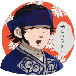 Rule 34 | 1boy, black hair, blue headband, blush, collar, commentary request, closed eyes, facing viewer, golden kamuy, headband, highres, kirawus (golden kamuy), ma kns, male focus, open mouth, simple background, smile, solo, talking, traditional clothes, upper body, white background