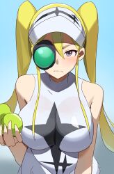 Rule 34 | 1girl, absurdres, ball, black eyes, blonde hair, breasts, hakodate omiko, highres, holding, kill la kill, large breasts, long hair, looking at viewer, scope, sleeveless, solo, sportswear, t-lex, tennis ball, tennis uniform, twintails, visor cap