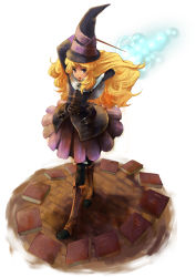Rule 34 | 1girl, arms up, blonde hair, book, boots, grimgrimoire, hat, juun, lillet blan, long hair, purple eyes, solo, wand, witch hat, wizard hat