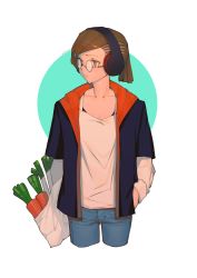 Rule 34 | 1girl, bag, brown eyes, brown hair, carrot, closed mouth, collarbone, denim, glasses, hand in pocket, headphones, holding, holding bag, jeans, lanzi (415460661), looking away, original, pants, short hair, solo, spring onion