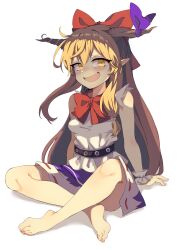 Rule 34 | 1girl, absurdres, arms behind back, barefoot, blonde hair, blush, bow, bowtie, breasts, brown horns, commentary request, fang, full body, hair bow, highres, horn bow, horn ornament, horns, ibuki suika, indian style, long hair, looking at viewer, medium bangs, open mouth, pointy ears, purple bow, purple skirt, red bow, red bowtie, ribbon-trimmed skirt, ribbon trim, seika okawari, shirt, sidelocks, simple background, sitting, skirt, sleeveless, sleeveless shirt, small breasts, smile, smug, solo, touhou, very long hair, white background, white shirt, wrist cuffs, yellow eyes