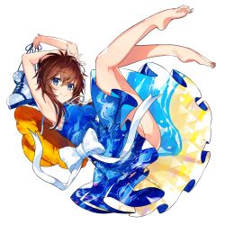 Rule 34 | 1girl, armpits, arms up, ass, barefoot, blue dress, blue eyes, blush, bow, breasts, brown hair, brown hat, closed mouth, commentary request, dress, fingernails, full body, hair between eyes, hat, highres, legs up, long hair, lying, medium breasts, mika pikazo, on back, original, ribbon, shoes, simple background, sleeveless, sleeveless dress, smile, soles, solo, sun hat, toenails, unworn hat, unworn headwear, unworn shoes, white background, white bow, white footwear, white ribbon