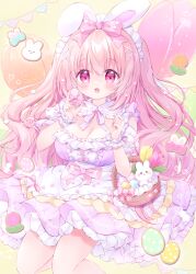 Rule 34 | 1girl, :d, animal ears, bow, breasts, chiika (cure cherish), cowboy shot, dress, easter, easter egg, egg, hair bow, large breasts, long hair, open mouth, original, pink eyes, pink hair, rabbit ears, smile, two side up