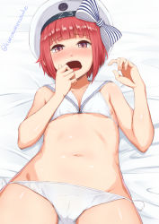 Rule 34 | 1girl, beret, bikini, blunt bangs, blush, bow, cameltoe, collarbone, commentary request, cowboy shot, eyebrows, flat chest, full-face blush, hat, hat bow, hat ornament, kantai collection, kurowan, looking at viewer, navel, on bed, red eyes, red hair, revision, ribbon, sailor bikini, sailor collar, side-tie bikini bottom, smiley face, solo, stomach, striped, striped bow, swimsuit, twitter username, white bikini, white hat, white ribbon, z3 max schultz (kancolle)