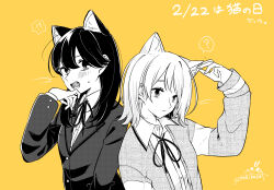 Rule 34 | !?, 2girls, ?, absurdres, animal ears, blazer, blush, cardigan, cat day, cat ears, cat girl, closed mouth, collared shirt, commentary, dated, dress shirt, fang, fangs, greyscale with colored background, hair between eyes, hand on own ear, highres, honda sora, jacket, kashikaze, kemonomimi mode, lonely girl ni sakaraenai, long hair, long sleeves, looking at viewer, medium hair, multiple girls, neck ribbon, open cardigan, open clothes, open mouth, pulling own ear, ribbon, sakurai ayaka (lonely girl ni sakaraenai), school uniform, screentones, shirt, signature, simple background, spoken interrobang, spoken question mark, sweatdrop, teeth, translated, upper body, yellow background
