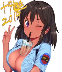 Rule 34 | 1girl, 2019, aoshidan school uniform, black hair, blue hair, blue shirt, breasts, bubble tea, bubble tea challenge, condensation, cup, dark-skinned female, dark skin, disposable cup, drinking, drinking straw, fingernails, girls und panzer, hair between eyes, hand up, idolmaster, idolmaster cinderella girls, large breasts, lips, looking at viewer, multicolored hair, natalia (idolmaster), no bra, object on breast, one eye closed, open clothes, open shirt, pettan p, pocket, purple eyes, school uniform, shirt, short hair, short sleeves, sidelocks, simple background, solo, translated, two-tone hair, upper body, v, white background