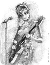 Rule 34 | 00s, glasses, greyscale, guitar, halterneck, instrument, kuga natsuki, lone wolf, microphone, microphone stand, monochrome, my-hime, solo