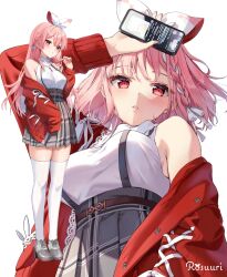 1girl cellphone high_heels highres multiple_views original phone pink_hair red_eyes rosuuri smartphone standing thighhighs white_thighhighs