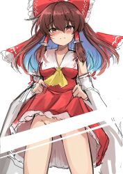 Rule 34 | 1girl, absurdres, ascot, bar censor, blush, bow, brown eyes, brown hair, censored, closed mouth, clothes lift, commentary, detached sleeves, hair bow, hair tubes, hakurei reimu, highres, long hair, looking at viewer, no panties, red bow, red shirt, red skirt, shirt, sidelocks, simple background, skirt, skirt lift, solo, touhou, white background, wide sleeves, yellow ascot, yuuka (a0240765)