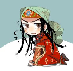 Rule 34 | 1girl, aqua background, black hair, braid, brown eyes, chibi, dress, earrings, from side, frown, full body, head scarf, jewelry, long hair, long sleeves, looking at viewer, multiple braids, necklace, open mouth, otoyomegatari, pariya, red dress, sitting, solo, sunameri oishii, sweat, traditional clothes, two-tone background, white background