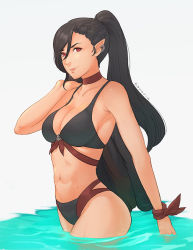 Rule 34 | 1girl, artist name, bikini, black bikini, breasts, choker, cleavage, coat, unworn coat, earrings, elezen, elf, final fantasy, final fantasy xiv, hilda ware, hybrid, jewelry, koyorin, large breasts, looking at viewer, partially submerged, pointy ears, ponytail, red eyes, simple background, smile, solo, standing, swimsuit, wading, water, white background